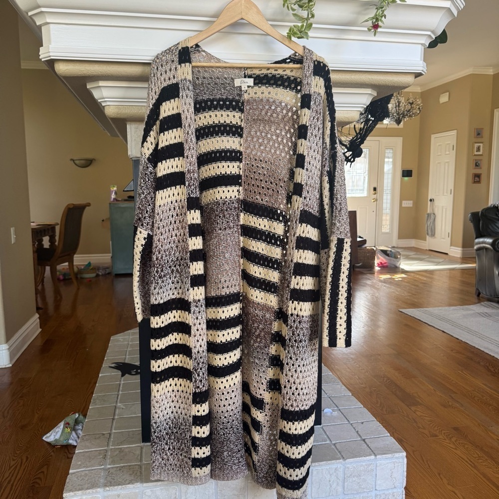 Elan Knit Duster Tan and Stripe Open Front Size Small - Picture 2 of 6